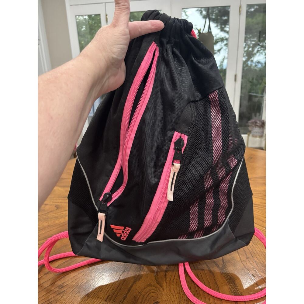Adidas Black/Hot Pink Drawstring Gym Sack Backpack 15L 3 Pockets Zip Sporty - Picture 12 of 16